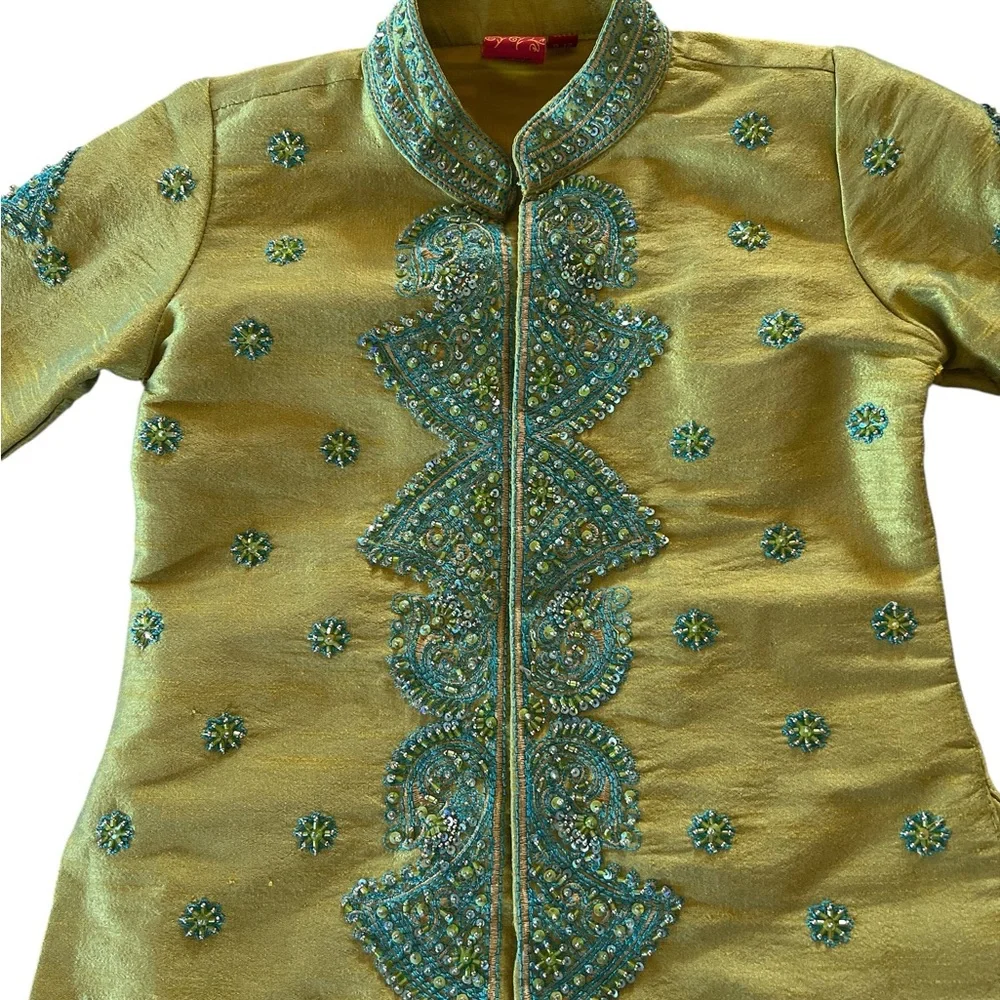 Boys Indian Wedding Sherwani Kurta Set Gold Teal Embroidered 9-12M Wedding